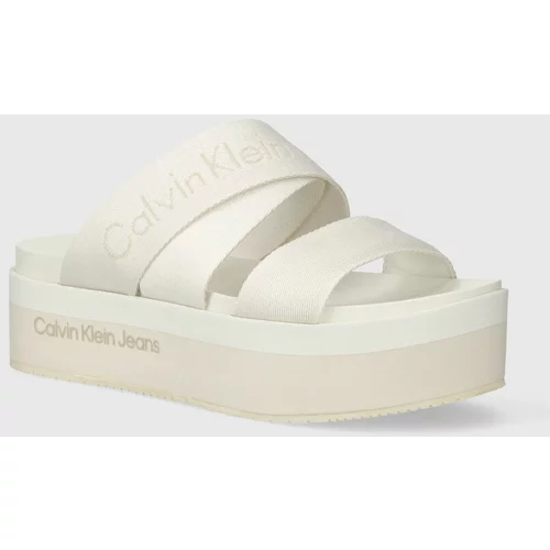 Calvin Klein Jeans Natikači FLATFORM SANDAL WEBBING IN MR ženski, bež barva, YW0YW01361