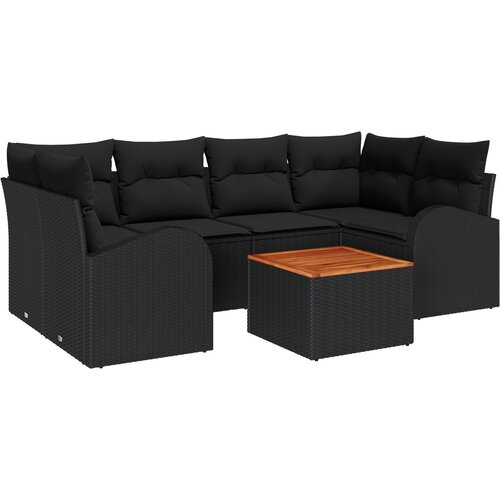 VidaXL 7-dijelni vrtni set sofe s jastučićima Crni poli ratan akacija, Dvosjedna vrtna sofa sa prostorom za pohranu i jastučićima Crni poli ratan Slike
