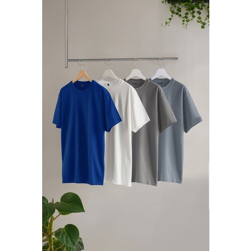 Trendyol Blue-Grey-Mink-Ecru Slim/Slim Cut 4-Piece Basic 100% Cotton T-Shirt Cene