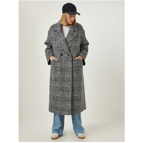  Women&amp;#039;s Black Premium Double-breasted Collar Patterned Wool Stamped Coat Slike