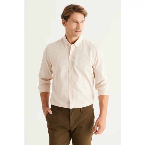 AC&Co / Altınyıldız Classics Men's Beige Tailored Slim Fit Slim-fit Oxford Buttoned Collar Linen-Looking 100% Cotton Flared Shirt.