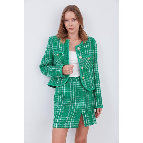 Laluvia Green Striped Skirt Jacket Tuvid Suit Slike