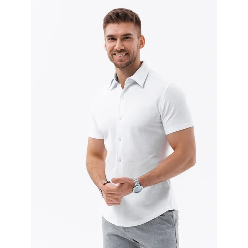 Ombre Men's knitted slim fit shirt with short sleeves and collar - white