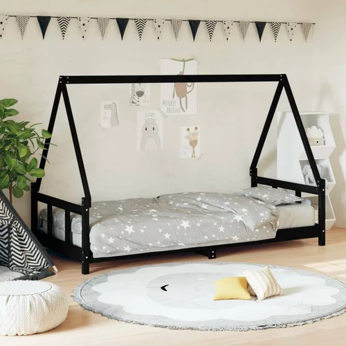  Otroški posteljni okvir črn 90x190 cm trdna borovina, (20787643)