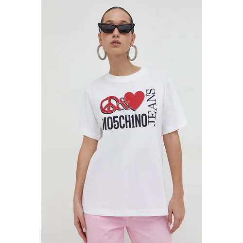 MOSCHINO JEANS Bombažna kratka majica ženski, bela barva