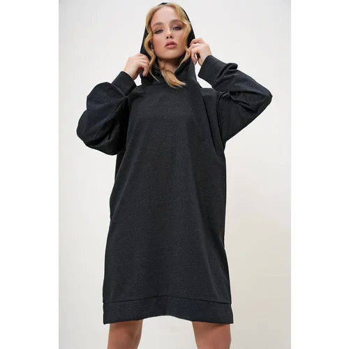 Trend Alaçatı Stili Women's Anthracite Hooded Sweatshirt Dress