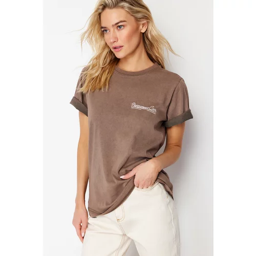 Trendyol Brown Faded Effect Printed Basic Knitted T-Shirt