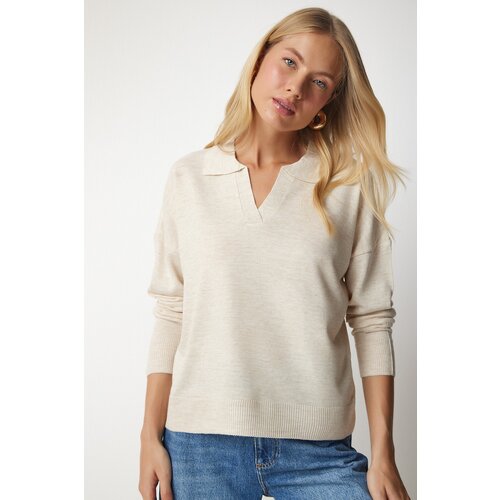  Women's Beige Polo Collar Basic Sweater Cene