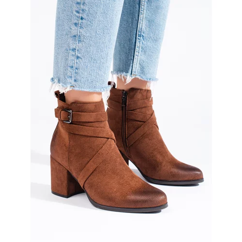 SHELOVET Brown suede women's ankle boots on post
