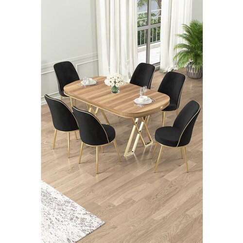 Hanah home Lai - Light Walnut, Gold, Black Light WalnutGoldBlack Dining Table & Chairs Set (7 Pieces) Cene