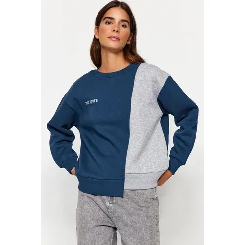 Trendyol Navy Blue Printed Basic Knitted Sweatshirt