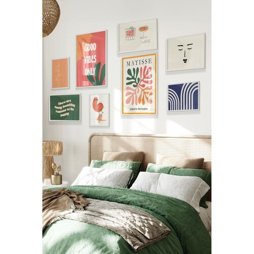 Wallxpert set od 8 uramljenih slika Çgs-028, šareni motivi – matisse kolaž, natpis good vibes only, ptica, kokteli i linijsko lice, beli ram Cene