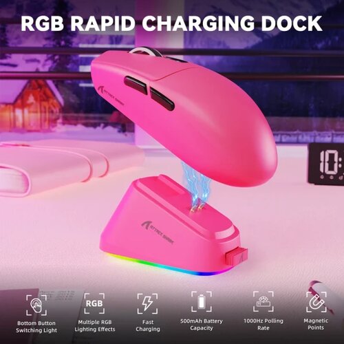 Attack Shark bežični gaming mi&amp;scaron; G3Pro PAW3311/25000 dpi/omron switches/berry red + charging dock Slike