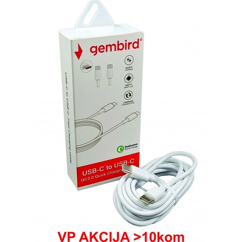Gembird CCP-AMCM-AMCM-1.8M** USB 2.0 Type-C to Type-C cable (AM/CM), QC3.0, 1.8m WHITE (135) fo Slike
