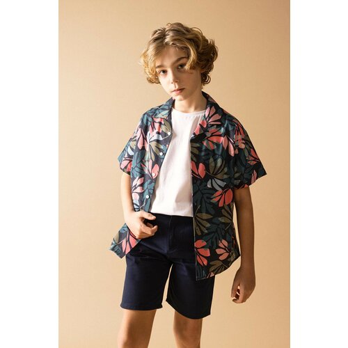 Defacto Boy Oversize Fit Polo Neck Linen Look Short Sleeve Shirt Slike