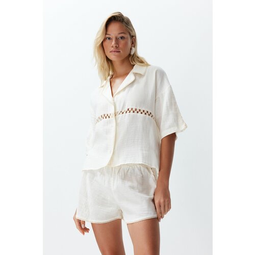 Trendyol Bridal Ecru Woven Muslin 100% Cotton Shirt Shorts Set Cene