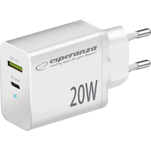  USB punjač Type-C + USB-A, ESPERANZA QUICK POWER CHARGER 20W USB-C PD 20W / USB-A QC 3.0 18W WHITE, EZC105W Slike