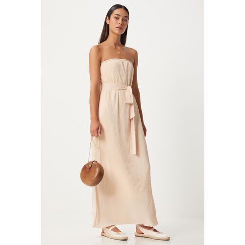 Happiness İstanbul Women's Cream Strapless Belted Pleated Dress Slike