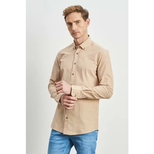 ALTINYILDIZ CLASSICS Men's Beige Slim Fit Slim Fit Buttoned Collar 100% Cotton Patterned Shirt