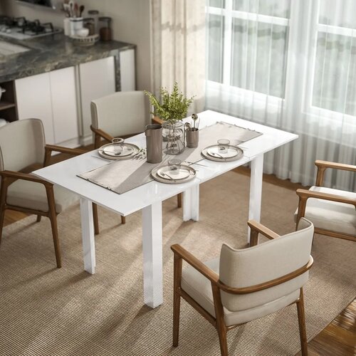  Razvlačivi blagovaonski stol 120-160 x 70 cm podesivi kuhinjski stol za 4-6 osoba MDF visokosjajna bijela Slike