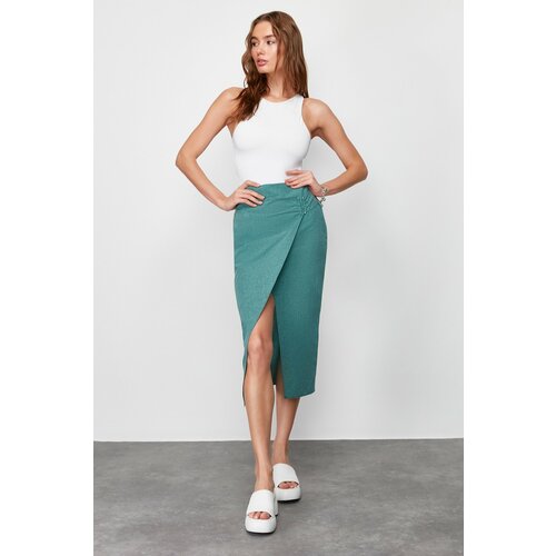 Trendyol Green Linen Look Buckle Detailed Double Breasted Closure Midi Woven Skirt Slike