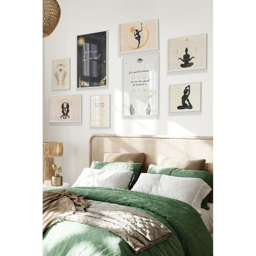 Wallxpert set od 8 uramljenih slika &Ccedil;gs-012, bež i crni boho motivi &ndash; ženske siluete, joga, mesec, sunce i citati, beli ram Cene