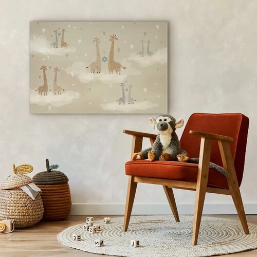  Slika - Love - Colorful Giraffes Floating on Clouds Among Hearts and Stars 60x40 Na talijanskom platnu Slike