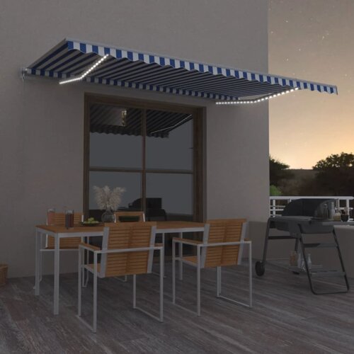 vidaXL ročno zložljiva tenda z led lučmi 500x350 cm modra in bela Cene