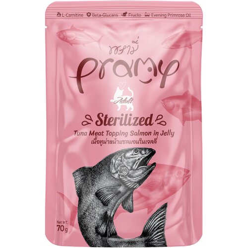 Pramy Cat Sterilized tuna s preljevom od lososa u želeu 70 g Slike
