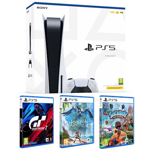 Sony konzola PlayStation 5 PS5 + 3 igre (Gran Turismo 7 + Horizon FW + Sackboy) Cene