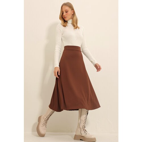 Trend Alaçatı Stili Women's Brown High Waist Elastic Waist A Form Midi Length Skirt Slike