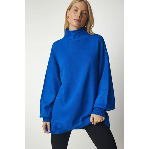 Happiness İstanbul Women's Blue Stand-Up Collar Oversize Basic Knitwear Sweater