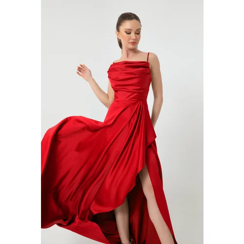 Lafaba Women's Red Ruffles and Slit Satin Evening & Prom Dress