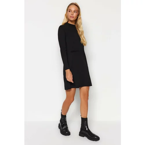 Trendyol Crepe Fabric Standing Collar Mini Knitted Dress With Pockets Look