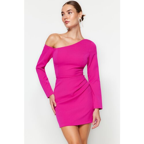 Trendyol Fuchsia Fitted Evening Dress with Draping Slike