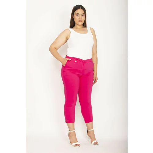 Şans Women's Plus Size Fuchsia Classic Fabric Trousers with Side Pockets and Slit Leg