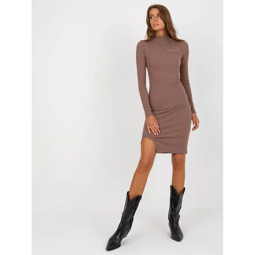 Fashion Hunters Basic brown ribbed dress for women