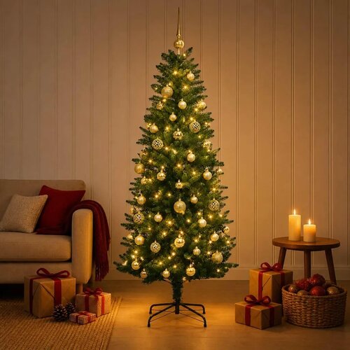  Umjetno božićno drvce s kuglicama 120 cm 150 LED lampica - 120 cm s LED-ima i zlatnim/bronzanim kuglicama Zelena Cijene