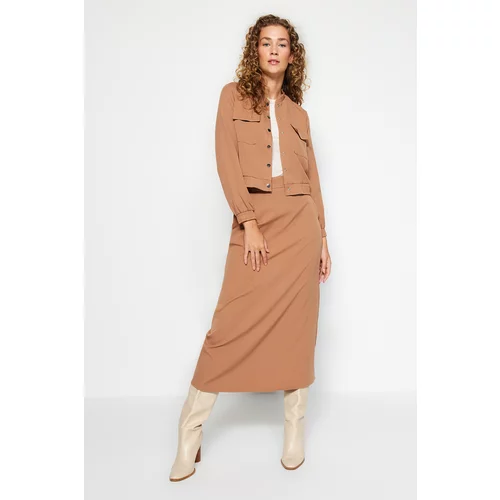 Trendyol Camel Jacket-Skirt with Pockets, Woven Fabric Bottom-Top Suit