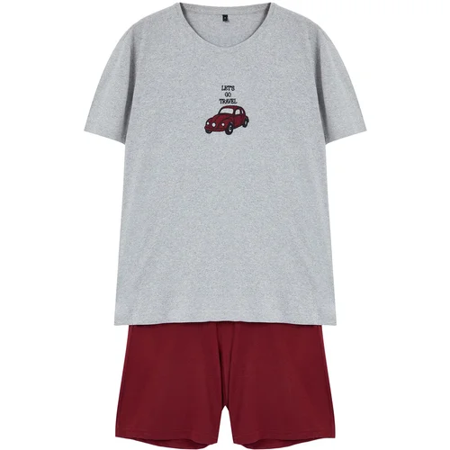 Trendyol Men's Gray - Claret Red Regular Fit Embroidered Knitted 3-Piece Pajama Set