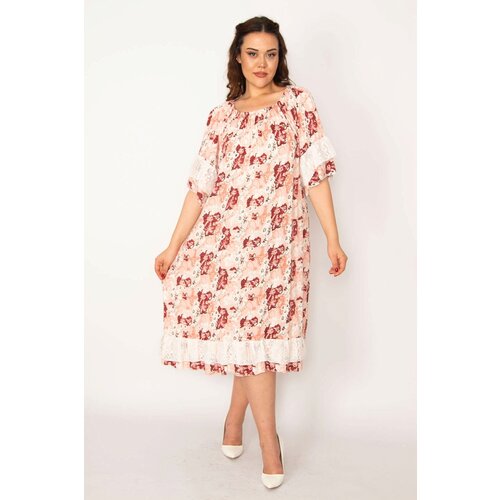 Şans Women's Plus Size Pink Elastic Collar Lace Detailed Dress Cene