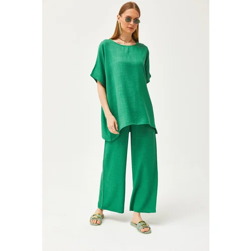 Olalook Women's Green Top Loose Blouse Bottom Pocket Palazzo Linen Content Suit