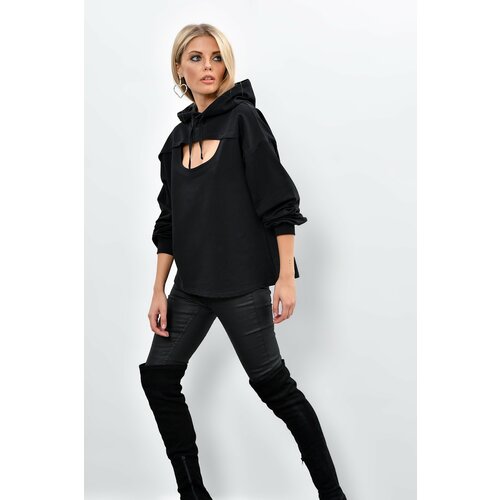 Cool & Sexy Women's Black Hooded Sweatshirt with Front Window Yi1669 Slike