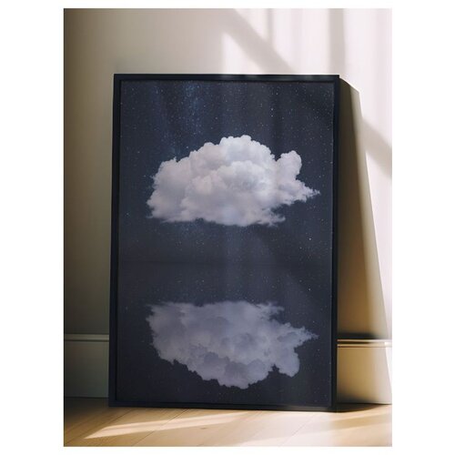 Wallxpert uramljena slika 115203, beli oblak i njegov odraz pod noćnim nebom, 50 x 70 cm, crni ram Slike