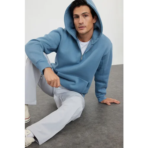 Trendyol Blue Oversize/Wide Cut Zippered Hooded Basic Sweatshirt