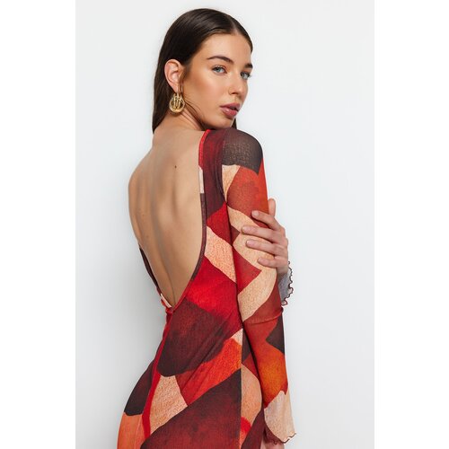 Trendyol Multi-colored Printed Special Textured Maxi Dress, Fitted with Back Detail, Flexible Knitted Dress Cene