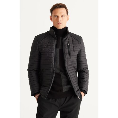 Altinyildiz classics Men&amp;#039;s Black Standard Fit Normal Cut, Standing Collar Patterned Coat. Slike