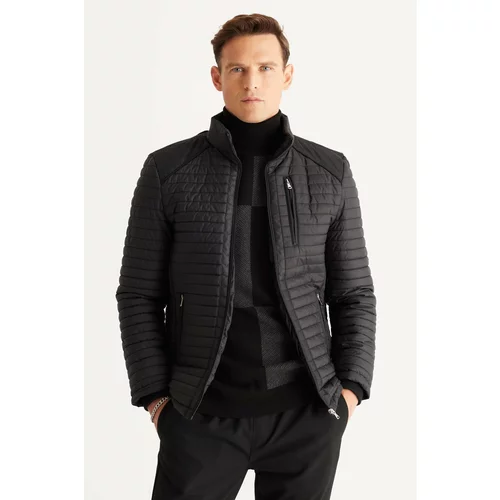ALTINYILDIZ CLASSICS Men's Black Standard Fit Normal Cut, Standing Collar Patterned Coat.