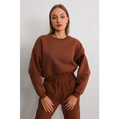 BİKELİFE Women's Brown Oversize Crop Sweatshirt Slike