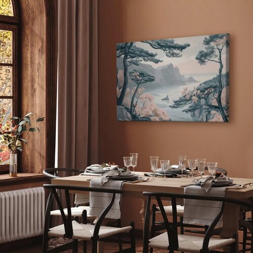  Slika - Mountainous Coast with Trees and Rocks in Light Pastel Blues 60x40 Akustična Cene